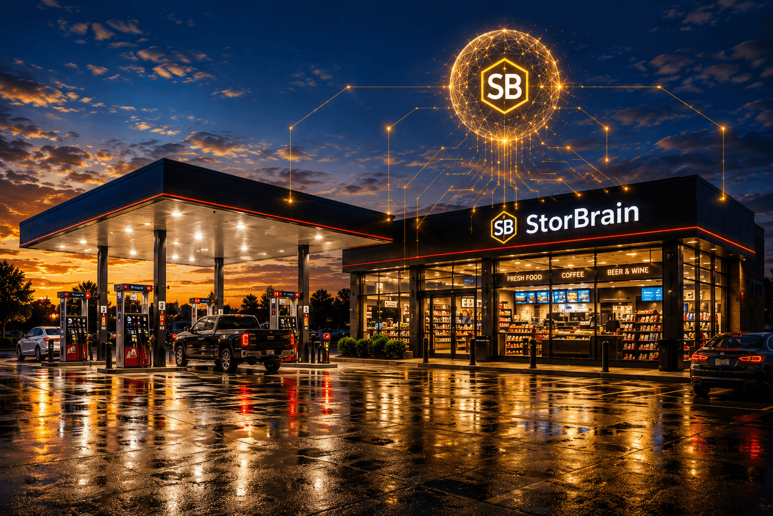 Modern convenience store and fuel station enhanced by StorBrain AI.